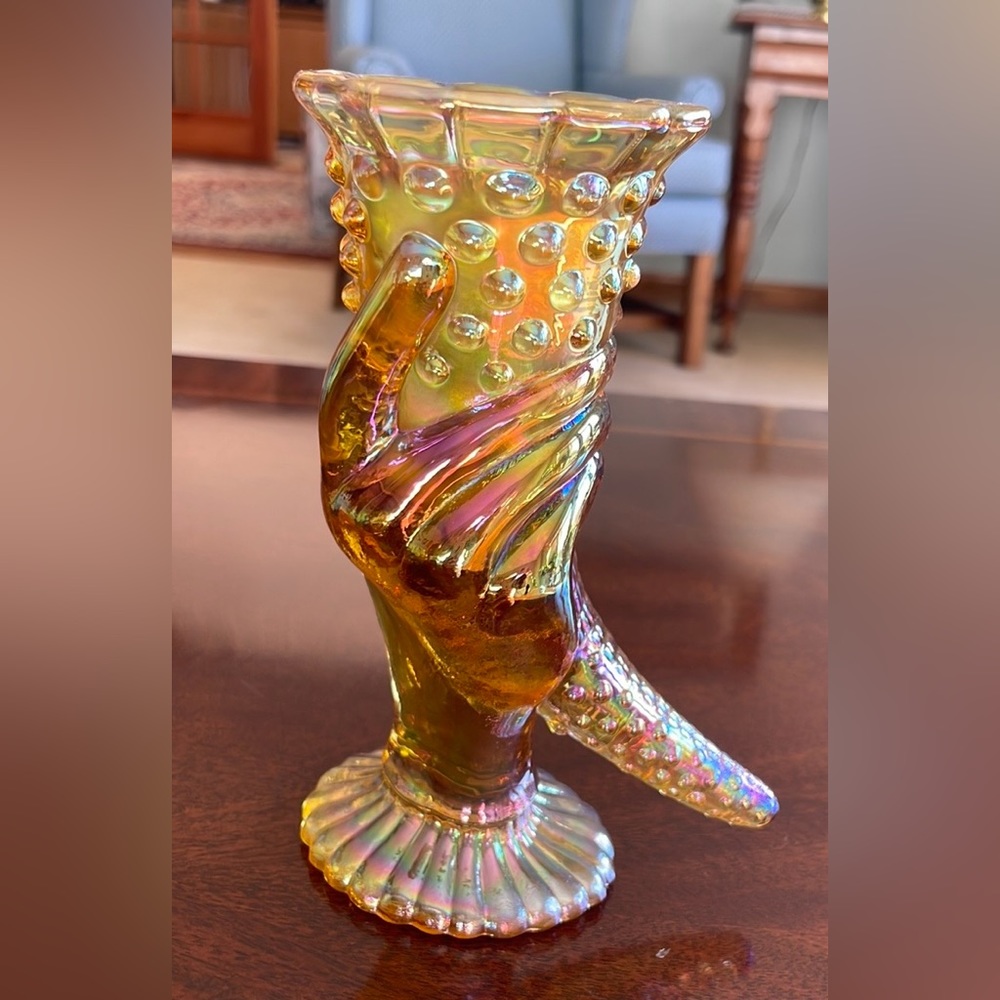 Fenton 6 inch  Hand Cornucopia Carnival hobnail glass gold, with sticke…